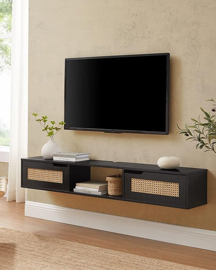 Walker Edison Modern Rattan Flip-Down-Door Wall-Mounted Floating Stand for TVs up to 65 Inche, 58 Inch, Black - LeafyLoom