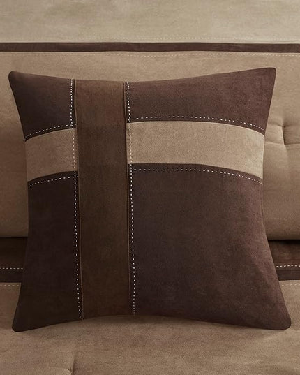 Madison Park Palisades Comforter Set Modern Faux Suede Pieced Stripe Design, All Season Down Alternative Cozy Bedding with Matching Shams, Decorative Pillows, Queen(90"x90"), Brown 7 Piece - LeafyLoom