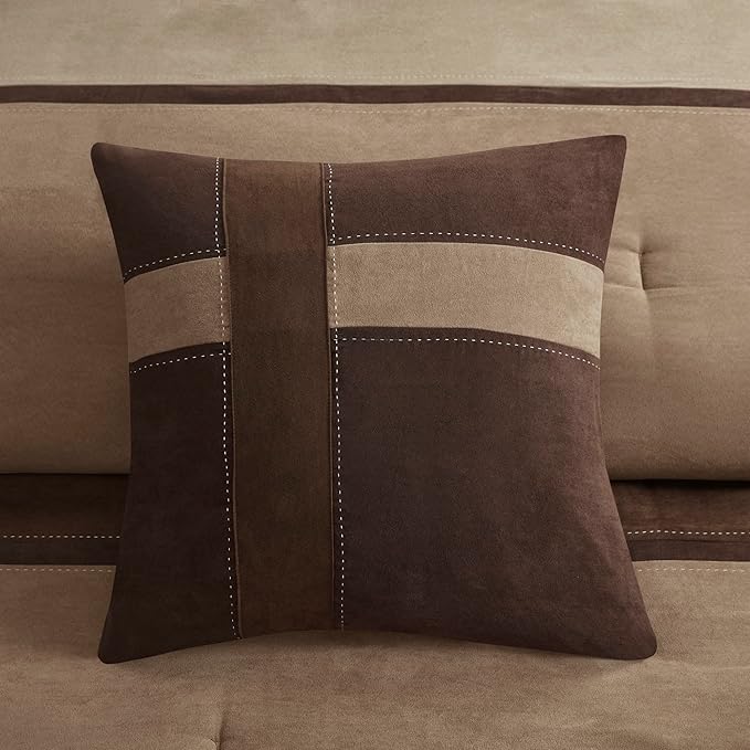 Madison Park Palisades Comforter Set Modern Faux Suede Pieced Stripe Design, All Season Down Alternative Cozy Bedding with Matching Shams, Decorative Pillows, Queen(90"x90"), Brown 7 Piece - LeafyLoom