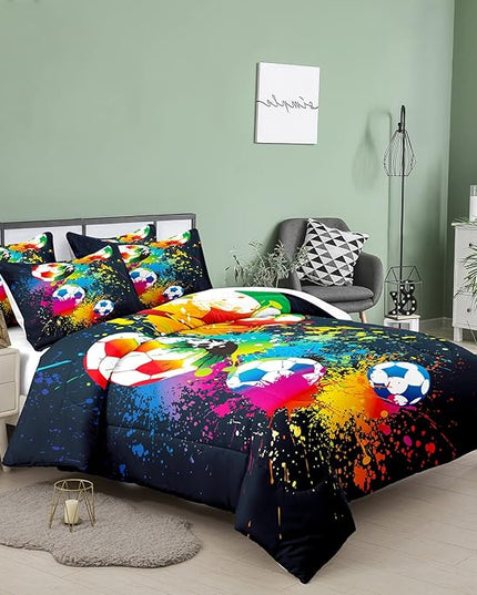 Bodhi Boys Teen Comforter Set Queen,Soccer Comforter Set Queen,Boys Sports Comforter Set Queen,Rainbow Graffiti Football Bedding Set for Boys,Kids,Teens with Matching Pillowcases - LeafyLoom