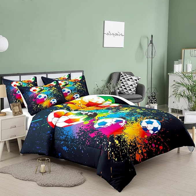 Bodhi Boys Teen Comforter Set Queen,Soccer Comforter Set Queen,Boys Sports Comforter Set Queen,Rainbow Graffiti Football Bedding Set for Boys,Kids,Teens with Matching Pillowcases - LeafyLoom
