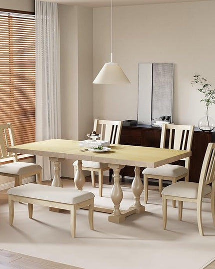 Merax 6-Piece Dining Set with 78inch Trestle Extendable Rectangular Table and 18inch Removable Leaf, Including 4 Padded Chairs & Linen Upholstered Bench for Living Room, Kitchen,Natural - LeafyLoom