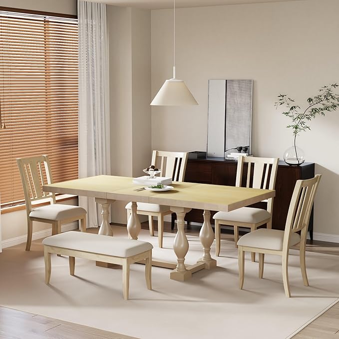 Merax 6-Piece Dining Set with 78inch Trestle Extendable Rectangular Table and 18inch Removable Leaf, Including 4 Padded Chairs & Linen Upholstered Bench for Living Room, Kitchen,Natural - LeafyLoom
