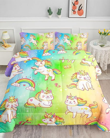 Datura home Kids Unicorn Comforter Set for Girls Boys,Kawaii Rainbow Unicorn Printed Pattern Rainbow Kawaii Bedding Set with 2 Pillowcases(Rainbow Unicorn Queen) - LeafyLoom