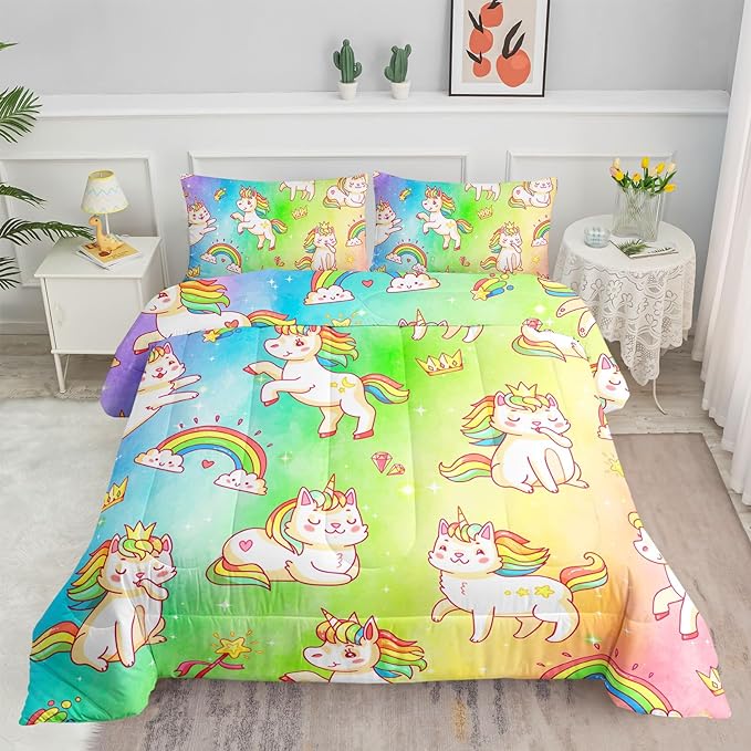 Datura home Kids Unicorn Comforter Set for Girls Boys,Kawaii Rainbow Unicorn Printed Pattern Rainbow Kawaii Bedding Set with 2 Pillowcases(Rainbow Unicorn Queen) - LeafyLoom