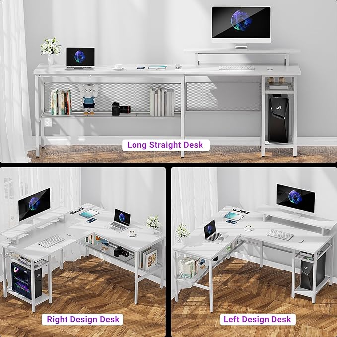 L Shaped Desk, 55 Inch Reversible Computer Desk with Magic Power Outlet and Cool LED Light, Sturdy Corner Office Desk with Ergonomic Monitor Stand, Gaming Table, Attractive Grid Design, White - LeafyLoom