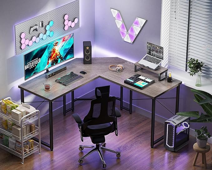 Casaottima L Shaped Gaming Desk with Monitor Stand, Corner Desk Gaming Table for Home Office, Computer Desk Sturdy Writing Workstation for Small Space, 51 inch, Grey Oak - LeafyLoom