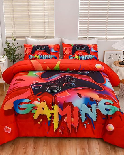 Aimuan Gaming Comforter Sets for Boys Kids Bedding Sets Video Games Console Action Buttons Novelty Colorful Game Gamepad Controller Modern Gamer Room Decor Home Quilt Set (Twin, Red) - LeafyLoom