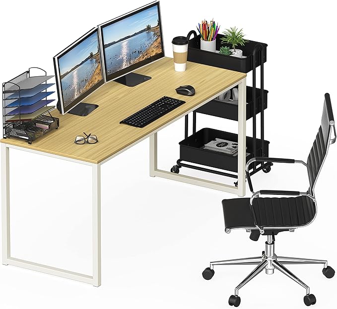 SHW Home Office 55 Inch Computer Desk, 24" Deep, Oak - LeafyLoom