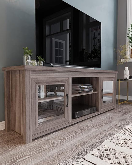 Flash Furniture Sheffield TV Stand for up to 80" TVs - Modern Gray Wash Finish & Full Glass Doors - 65" Engineered Wood Frame - 3 Height Adjustable Shelves - LeafyLoom
