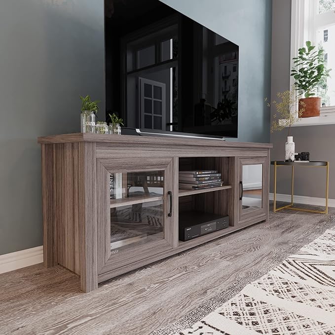 Flash Furniture Sheffield TV Stand for up to 80" TVs - Modern Gray Wash Finish & Full Glass Doors - 65" Engineered Wood Frame - 3 Height Adjustable Shelves - LeafyLoom