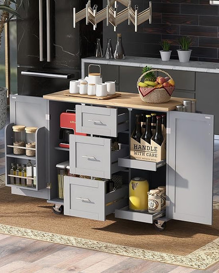 50Inch Rolling Kitchen Island Cart with Internal Cabinet, 3 Drawers and Storage Shelf, Kitchen-Island Table on Wheels w/Rubber Wood Top, Spice Rack, for Dining Room House Bar - LeafyLoom