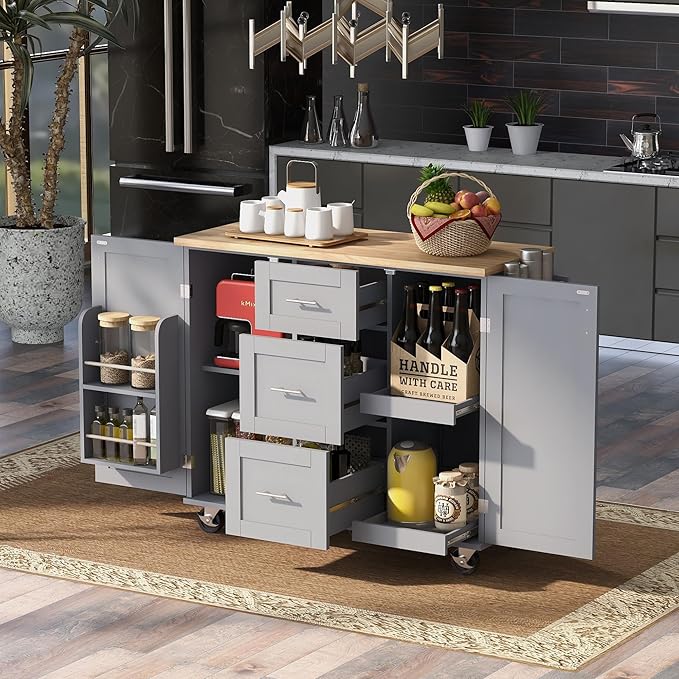 50Inch Rolling Kitchen Island Cart with Internal Cabinet, 3 Drawers and Storage Shelf, Kitchen-Island Table on Wheels w/Rubber Wood Top, Spice Rack, for Dining Room House Bar - LeafyLoom