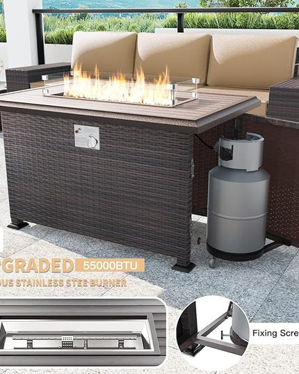 Kullavik 13 Pieces Outdoor Patio Furniture Set with 43" 55000BTU Gas Propane Fire Pit Table PE Wicker Rattan Sectional Sofa Patio Conversation Sets,Sand - LeafyLoom