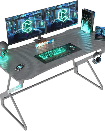 CubiCubi Simple Gaming Desk Z Shaped 47 inch Gamer Workstation, Home Computer Carbon Fiber Surface Gaming Desk PC Table with Headphone Hook, Grey - LeafyLoom