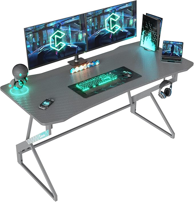 CubiCubi Simple Gaming Desk Z Shaped 47 inch Gamer Workstation, Home Computer Carbon Fiber Surface Gaming Desk PC Table with Headphone Hook, Grey - LeafyLoom