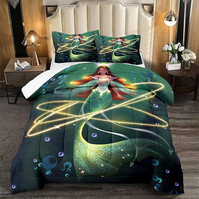 Mermaid Full Size Bedding Set Mermaid Bedding Full Bubble Mermaid Set for Girls Beautiful Mermaid Fairy Tale Bedding Set with 1 Comforter and 2 Pillowcases for Girls Bedroom Decor, Full Size - LeafyLoom