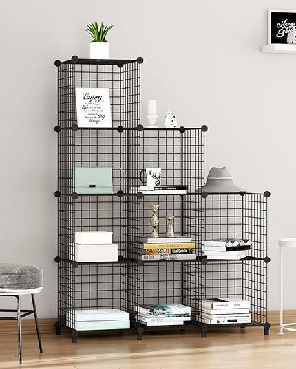 Wolizom Wire Cube Storage, Metal Grids Shelves Bookshelf, Stackable Modular Shelving Organizer, DIY Closet Bookcase Bookshelf, Grid Storage Shelf for Bedroom, Living Room, Office (Black, 9 Cube) - LeafyLoom