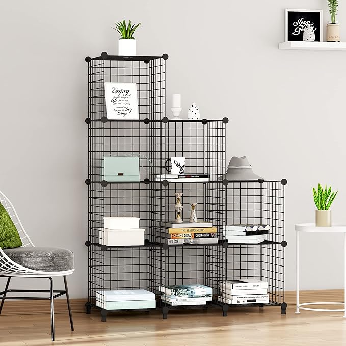 Wolizom Wire Cube Storage, Metal Grids Shelves Bookshelf, Stackable Modular Shelving Organizer, DIY Closet Bookcase Bookshelf, Grid Storage Shelf for Bedroom, Living Room, Office (Black, 9 Cube) - LeafyLoom