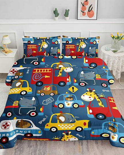 Datura home Kids Cartoon Car Comforter Set for Boys Kids Children,Transportation Car Police Car Kawaii Animals Printed Bedding Set with 1 Comforter and 2 Pillowcases(Cartoon Car Full) - LeafyLoom