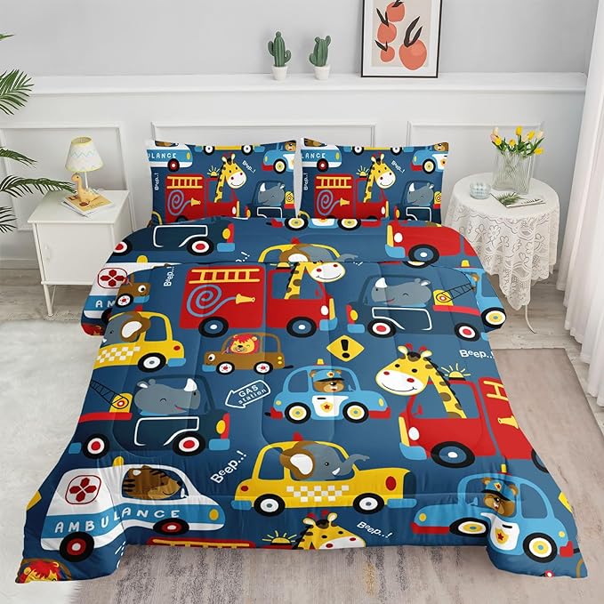 Datura home Kids Cartoon Car Comforter Set for Boys Kids Children,Transportation Car Police Car Kawaii Animals Printed Bedding Set with 1 Comforter, 2 Pillowcases(Cartoon Car Twin), Twin 68x86inches - LeafyLoom