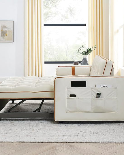 3 in 1 Tufted Sleeper Sofa Cylindrical Pillows,Modern Convertible Loveseat Sofá W Pull Out Sleep Couch Bed and Side Pockets,Velvet Upholstered Love Seat Sofabed for Living Room, 55.5", Beige1 - LeafyLoom