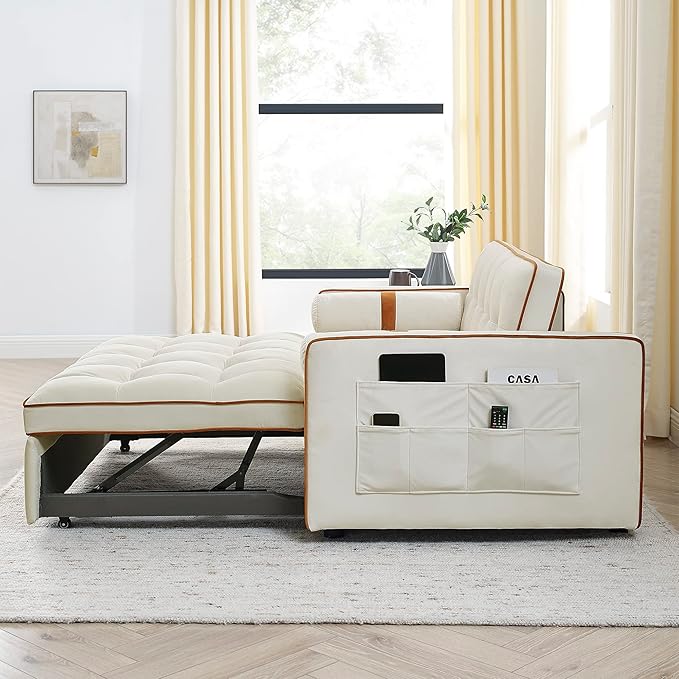 3 in 1 Tufted Sleeper Sofa Cylindrical Pillows,Modern Convertible Loveseat Sofá W Pull Out Sleep Couch Bed and Side Pockets,Velvet Upholstered Love Seat Sofabed for Living Room, 55.5", Beige1 - LeafyLoom