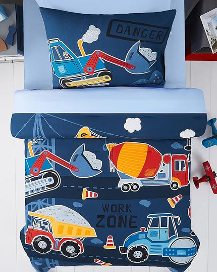 Truck Tractor Excavator Twin Comforter Set with Sheets - 5 Pieces Kids Twin Bedding Sets for Boys, Glow in The Dark Construction Trucks Twin Bed in a Bag for Kids, Teens - LeafyLoom