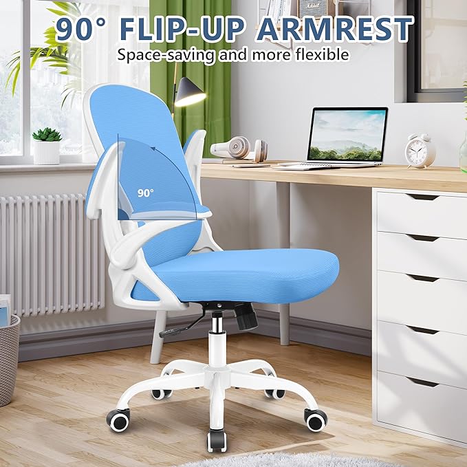 Office Chair Desk Chair, Ergonomic Mesh Computer Chair Home Office Desk Chairs, Swivel Task Chair Mid Back Breathable Rolling Chair with Adjustable Lumbar Support Flip Up Armrest (Sky Blue) - LeafyLoom