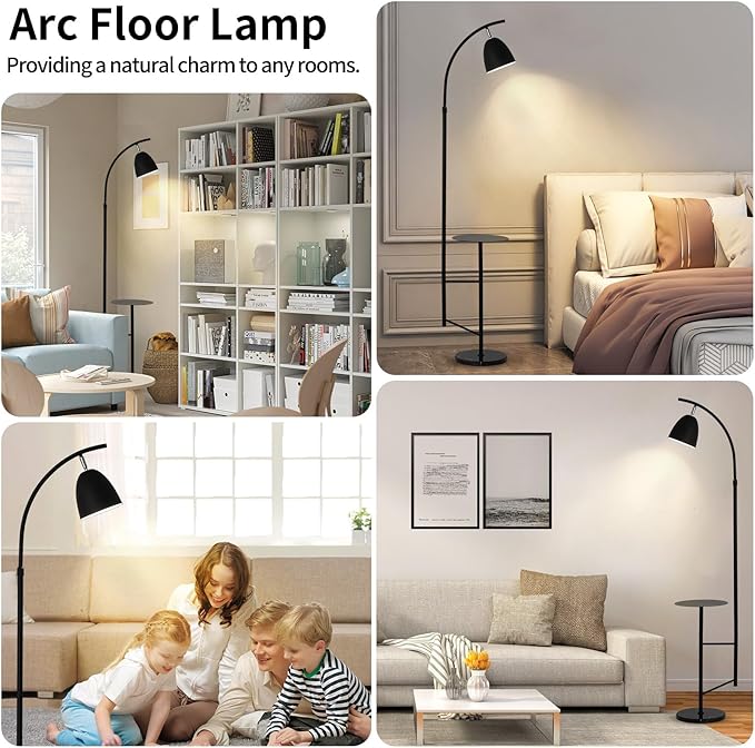 O'NEELDY Modern Black Arc Floor Lamp with Table Attached 71" Height Marble Arched Floor Lamp Curved Tall Shelf Standing Lamp for Living Room, Office, 360° Rotatable Shade, E26 Bulb Included - LeafyLoom