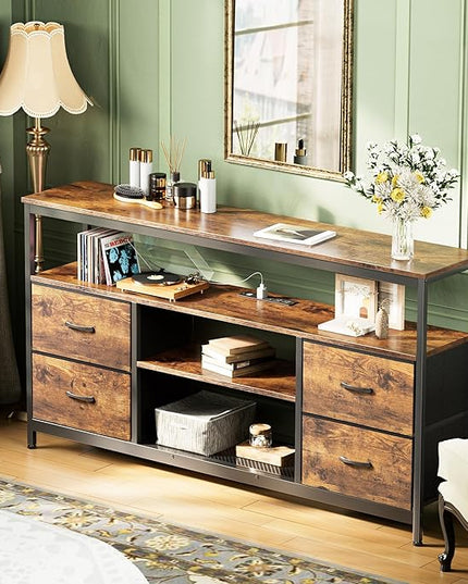 TV Stand Dresser with Power Outlets and LED Lights, 4 Drawers Entertainment Center with Shelves, 54 Inch Media Console for 55 60 Inch TV, 4 AC Outlets, 2 USBs, Rustic Brown - LeafyLoom