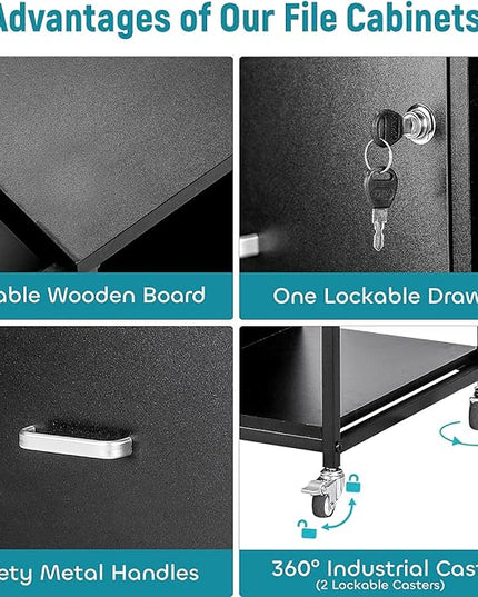 Lateral File Cabinet, 2 Drawer Mobile Filing Cabinet with Outlet, Open Storage Side Shelves, Locking Drawer Fits A4/Letter/Legal Size File Cabinets for Home Office, Black - LeafyLoom
