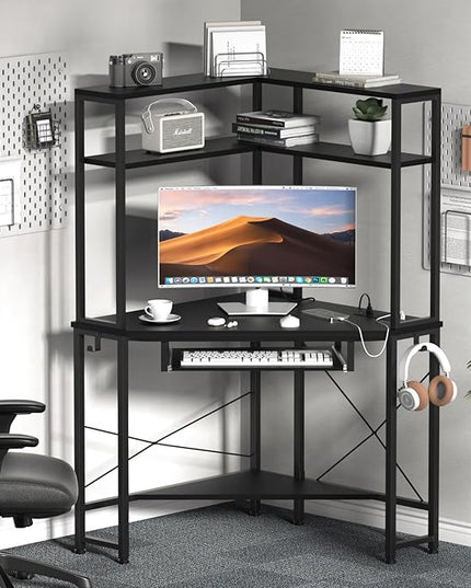 Corner Desk with Hutch and LED Lights, Corner Computer Desk with Keyboard Tray and Monitor Stand, Small Computer Desk for Small Spaces, Home Office - LeafyLoom