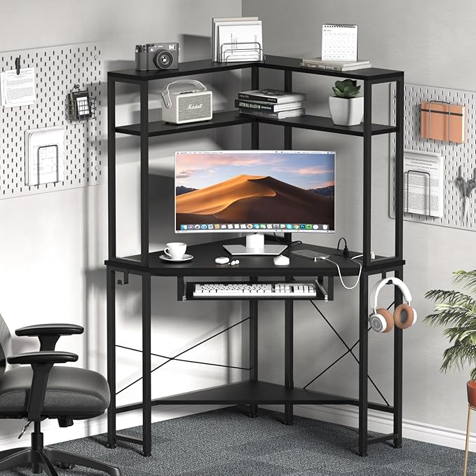 Corner Desk with Hutch and LED Lights, Corner Computer Desk with Keyboard Tray and Monitor Stand, Small Computer Desk for Small Spaces, Home Office - LeafyLoom