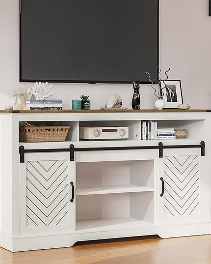 Farmhouse TV Stand for 23" Electric Fireplace, Tall Entertainment Center for 65+ Inch TV, Rustic TV Console with Sliding Bar Door for Living Room (Wood-Tone and White) - LeafyLoom