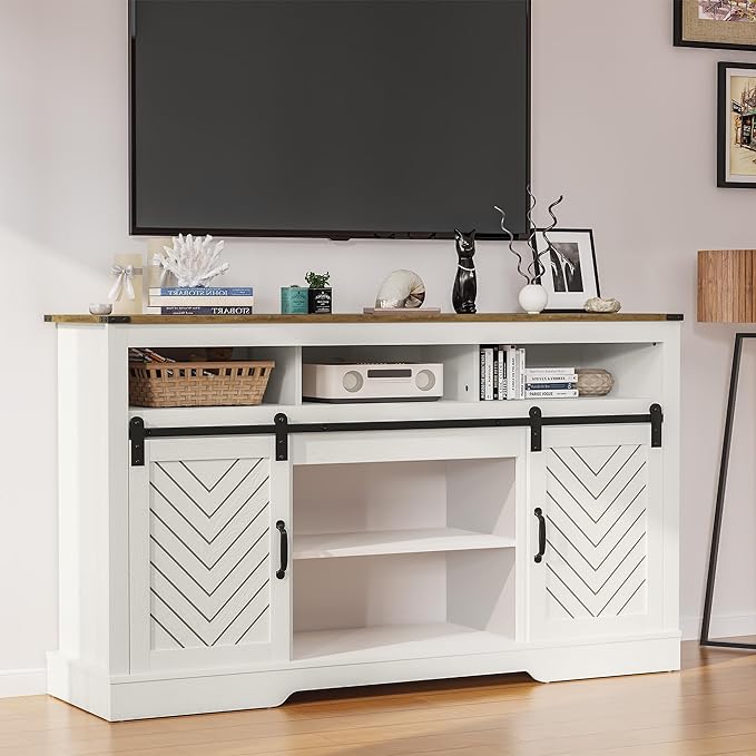 Farmhouse TV Stand for 23" Electric Fireplace, Tall Entertainment Center for 65+ Inch TV, Rustic TV Console with Sliding Bar Door for Living Room (Wood-Tone and White) - LeafyLoom
