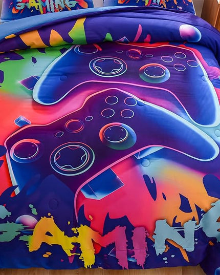 Aimuan Gaming Comforter Sets for Boys Kids Bedding Sets Video Games Console Action Buttons Novelty Colorful Game Gamepad Controller Modern Gamer Room Decor Home Quilt Set (Full, Purple) - LeafyLoom