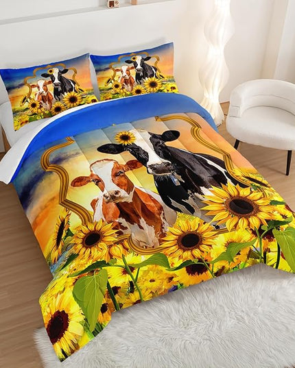 HOSIMA Animal Theme Bedding Set Bull and Cow Comforter with 2 Pillowcases,Sunflower Twin Bed in a Bag Sets for Adults Teens Kids,Brown Cowhide Black White Cow Print Western Bedding Sets. - LeafyLoom