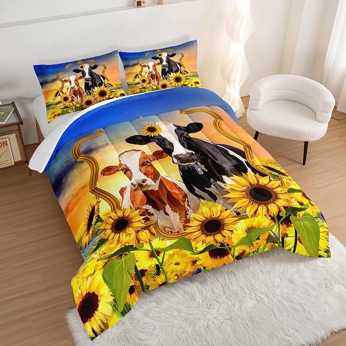 HOSIMA Animal Theme Bedding Set Bull and Cow Comforter with 2 Pillowcases,Sunflower Full Size Comforter Set for Adults Teens Kids,Brown Cowhide Black White Cow Print Western Bedding Sets. - LeafyLoom