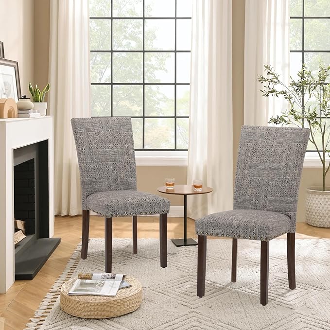 Parsons Dining Chairs Set of 2, Upholstered Nailhead Dining Room Kitchen Side Chair with Thick Cushions and Wood Legs, Black/White - LeafyLoom