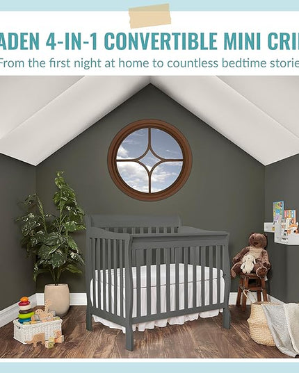 Aden 4-in-1 Convertible Mini Crib In Steel Grey, Greenguard Gold Certified, Non-Toxic Finish, New Zealand Pinewood, With 3 Mattress Height Settings - LeafyLoom