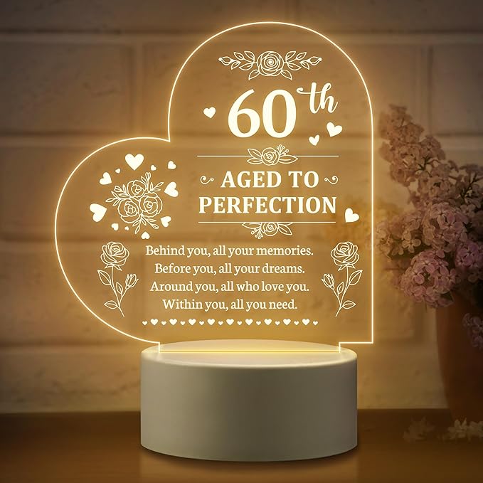 60th Birthday Gifts for Women, 60th Birthday Decorations for Woman -Night Light, 60 Year Old Gifts for Women, Gifts for Women Turning 60, 60th Birthday Gift Ideas - LeafyLoom
