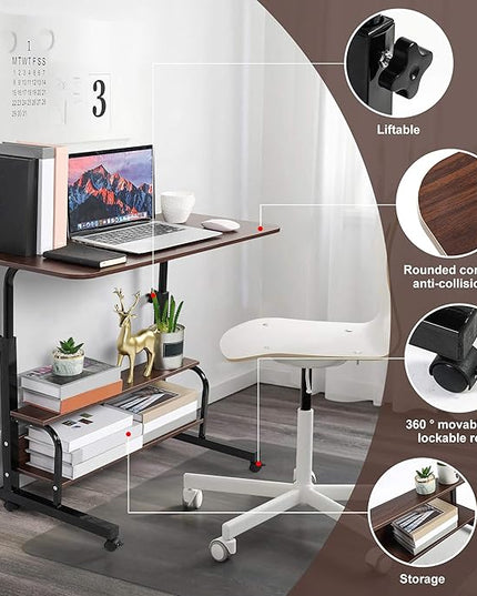 Laptop Table for Work from Home Adjustable Height Student Writing Desk Living Room Bedroom and Other Small Spaces Craft Table with Wheels Rolling Mobile Portable Gaming Desk Brown 31.5x15.7 Inches - LeafyLoom