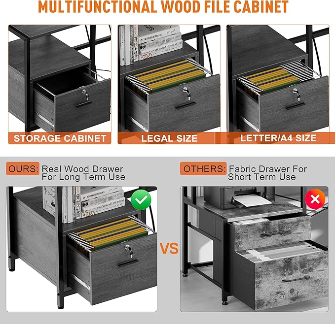 IDEALHOUSE L Shaped Desk - 76" Reversible L Shaped Computer Desk with File Drawer, Office Desk with Power Outlet, L Shaped Gaming Desk with Monitor Shelf, Corner Desk for Home Office, Grey Oak - LeafyLoom