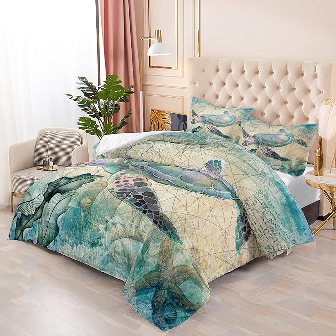 CVHOUSE Sea Turtle Comforter Set,Ocean Sea Turtle Bedding Set for Kids Teens,Ocean Sea Turtle Comforter Sea Turtle Duvet Set Room Decor Quilt Set Twin Size - LeafyLoom