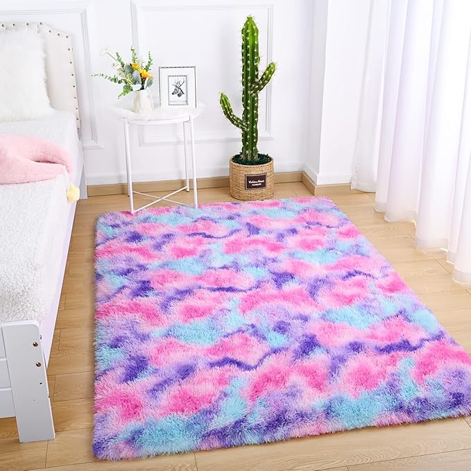 AROGAN Soft Rainbow Area Rugs for Girls Room 3x5 Feet, Fluffy Cute Colorful Princess Carpet for Kids Teens Nursery Toddler,Bedroom Hot Pink - LeafyLoom