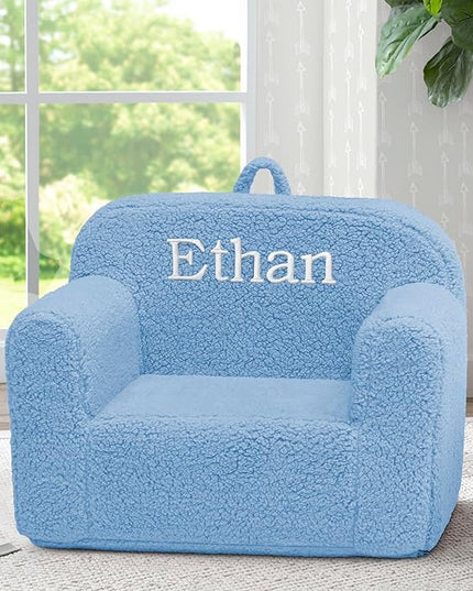 Delta Children Personalized Sherpa Cozee Chair - Customize with Name – Foam Kids Chair for Ages 18 Months and Up, Powder Blue - LeafyLoom