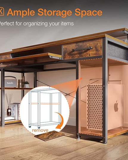 ODK Computer Desk with Drawers & Power Outlet, 55 Inch Office Desk with Keyboard Tray & Storage Shelves & PC Stand, Office Table Work Desk with Monitor Stand, Rustic Brown - LeafyLoom