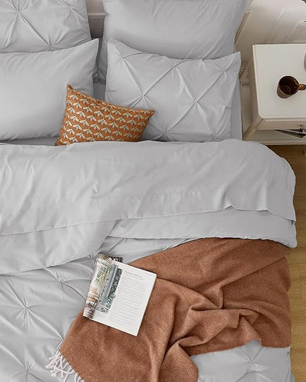 Bedsure Light Grey King Size Comforter Set - Bedding Set King 7 Pieces, Pintuck Bed in a Bag Green Bed Set with Comforter, Sheets, Pillowcases & Shams - LeafyLoom
