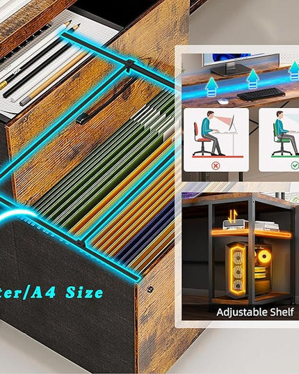 L-Shaped Home Office Desk with 2 Drawer Office Computer Desk with Monitor Stand Power Outlets and LED Lights Reversible Corner Gaming Desk 61 Inch Rustic Brown - LeafyLoom